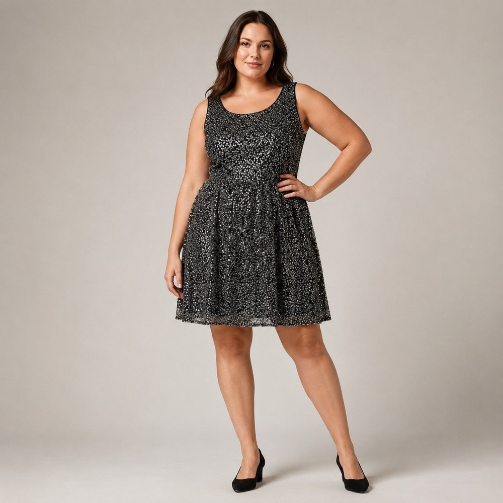 mac + jac Dress XL Black Sequin Sleeveless Fit & Flare Knee Lined Zip Party